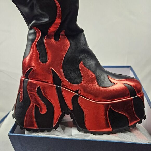 women’s side zipper high heeled Ref Flames printing thick sole boots high Sz6 - Picture 7 of 10